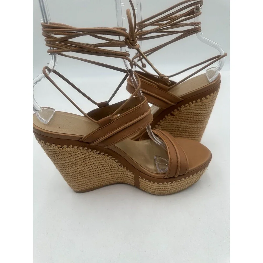 Stuart Weitzman Abandon Tan Leather Lace Up Espadrille Raffia Wedge Size 11M